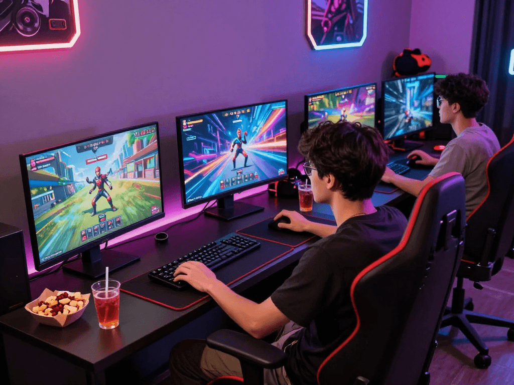 Engaged player exploring porngames in a vibrant gaming room with snacks, energetic atmosphere