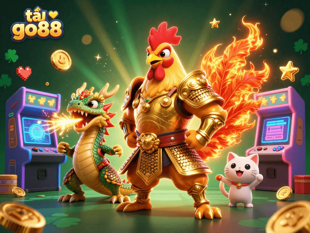 Experience the thrill of tải go88 with a vibrant, dynamic casino illustration featuring a rooster warrior and dragon!