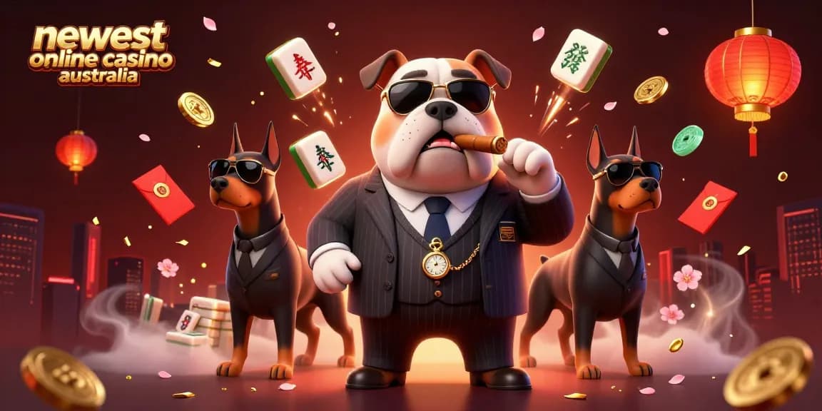 Engage with the newest online casino Australia, featuring a mafia boss and Doberman guards amidst casino symbols and vibrant elements.
