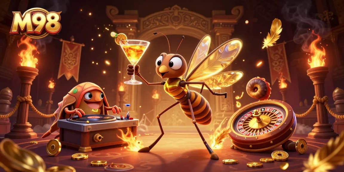 M98 casino mascot and trilobite DJ creating excitement at a golden roulette scene, surrounded by dynamic elements.