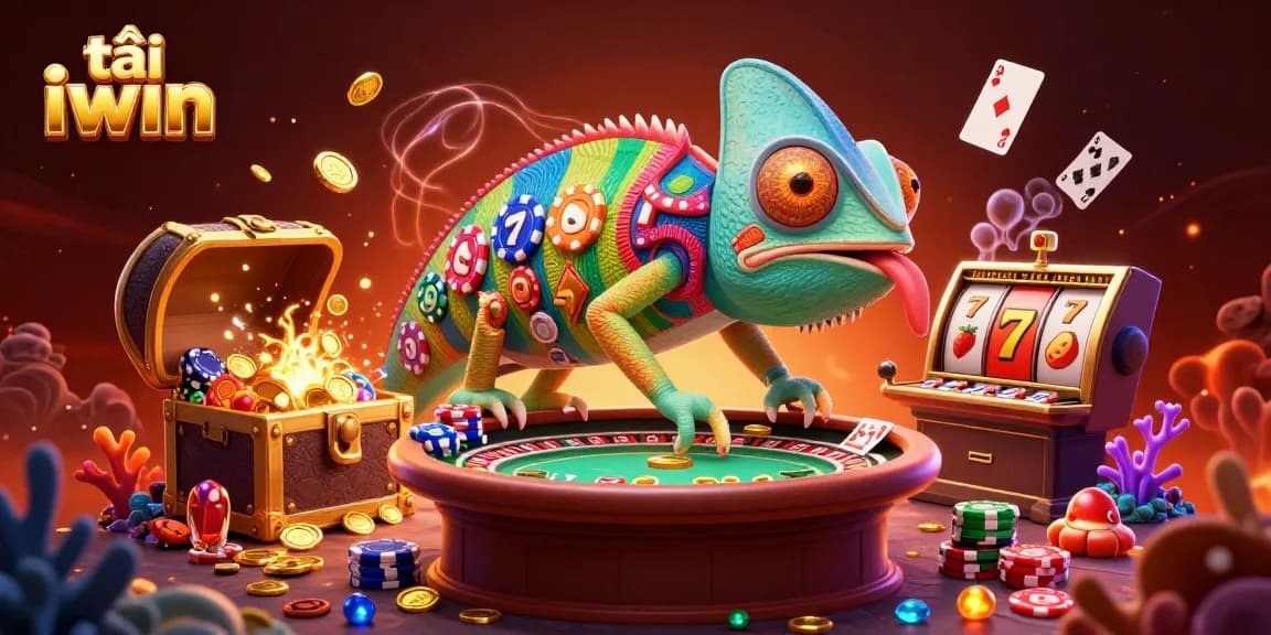 Engage in thrilling gameplay with tải iwin featuring a vibrant chameleon casino owner amidst festive elements.
