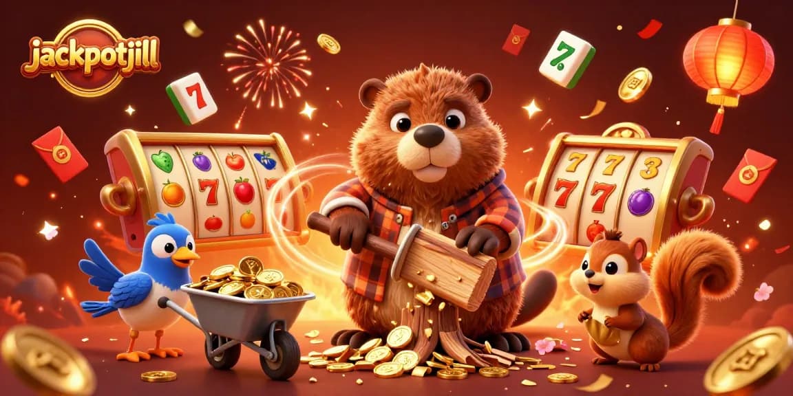 jackpotjill features a cartoon lumberjack beaver collecting gold in a lively casino-themed illustration