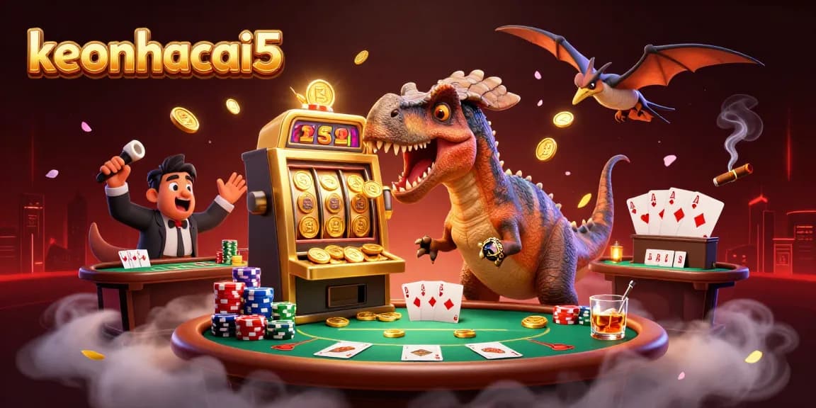 keonhacai5 celebrates winnings with a dinosaur-themed jackpot scene packed with casino action