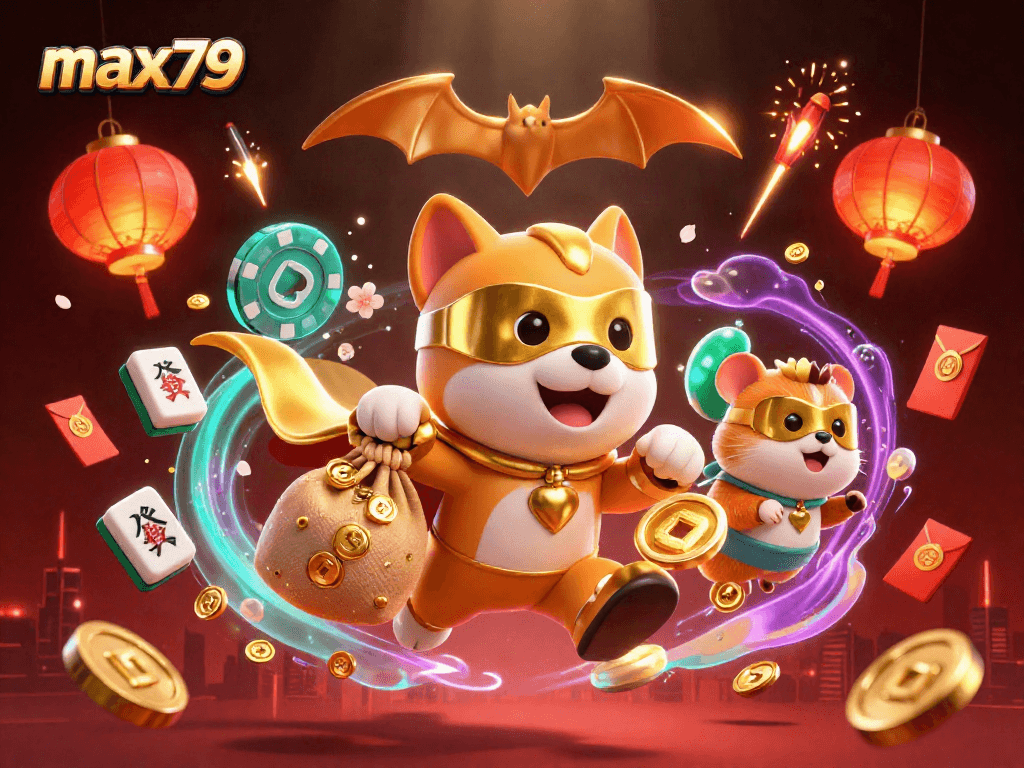 Experience thrilling gameplay with max79 as a superhero dog flies amidst gold coins and vibrant casino elements.