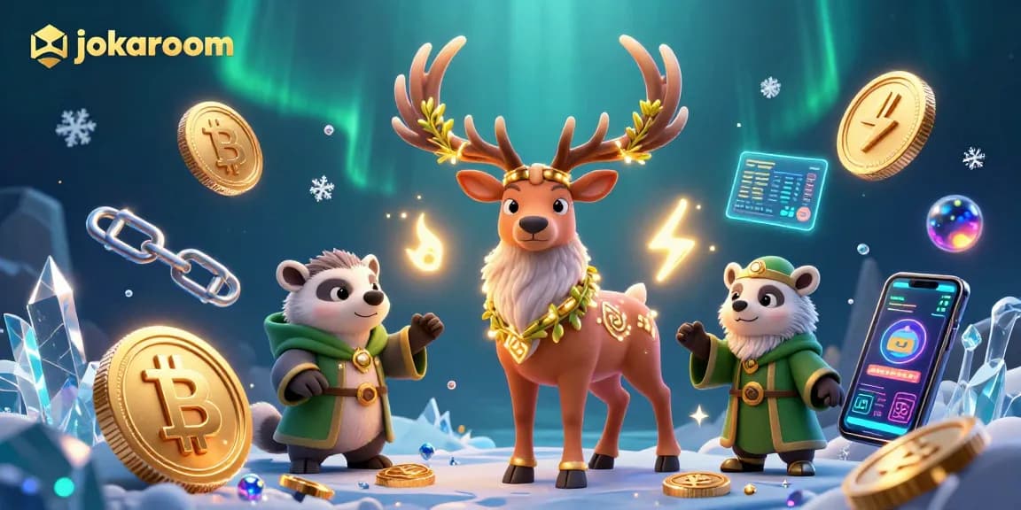jokaroom presents a vibrant 3D casino scene with enchanting characters and exciting crypto elements.