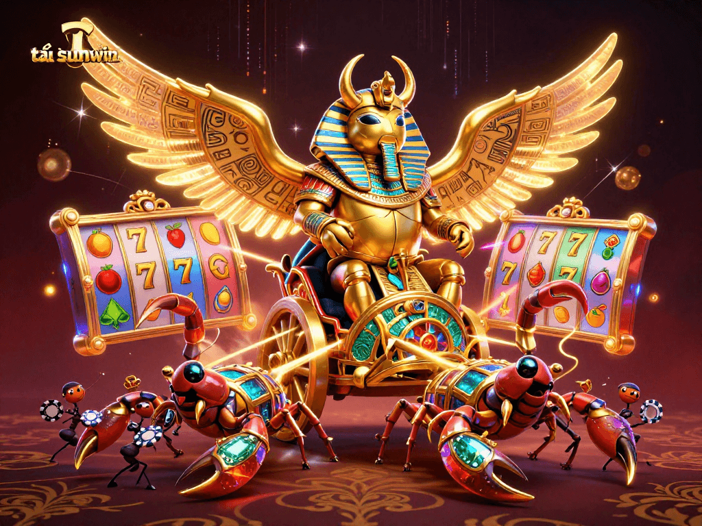 Engage with tải sunwin through a vibrant illustration featuring a golden scarab beetle pulling a chariot in a dynamic casino landscape.
