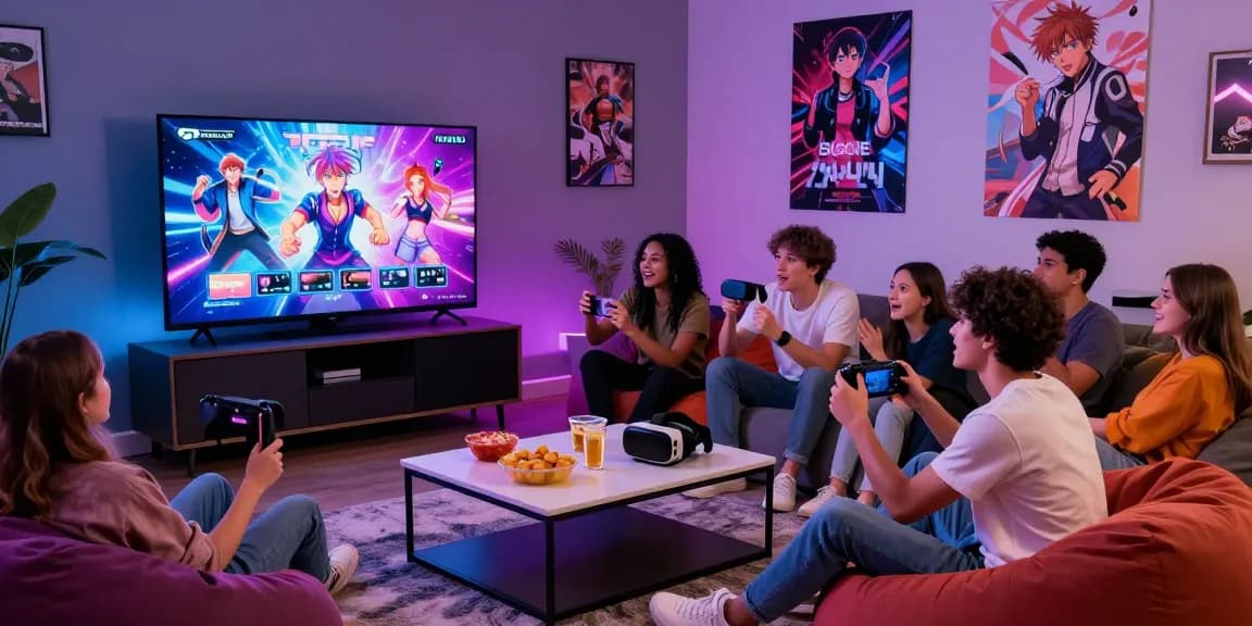 Group enjoying an ecchi game online in a vibrant gaming lounge with snacks and VR headsets.