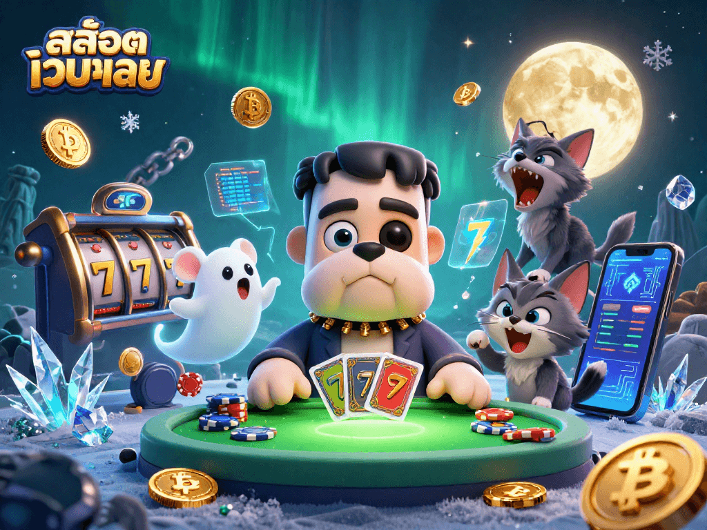 Experience thrilling สล็อตเว็บตรง gameplay with a lively scene featuring a Frankenstein bulldog dealer and crypto elements.