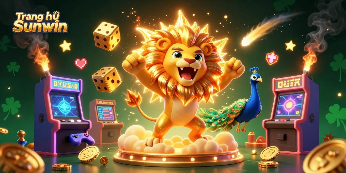 Join the gaming excitement at Trang chủ Sunwin, featuring a roaring sun lion amidst vibrant casino elements.