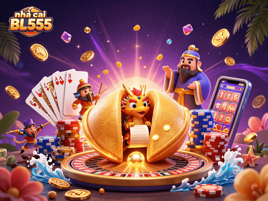 Win big with nhà cái BL555 in this vibrant casino-themed digital illustration