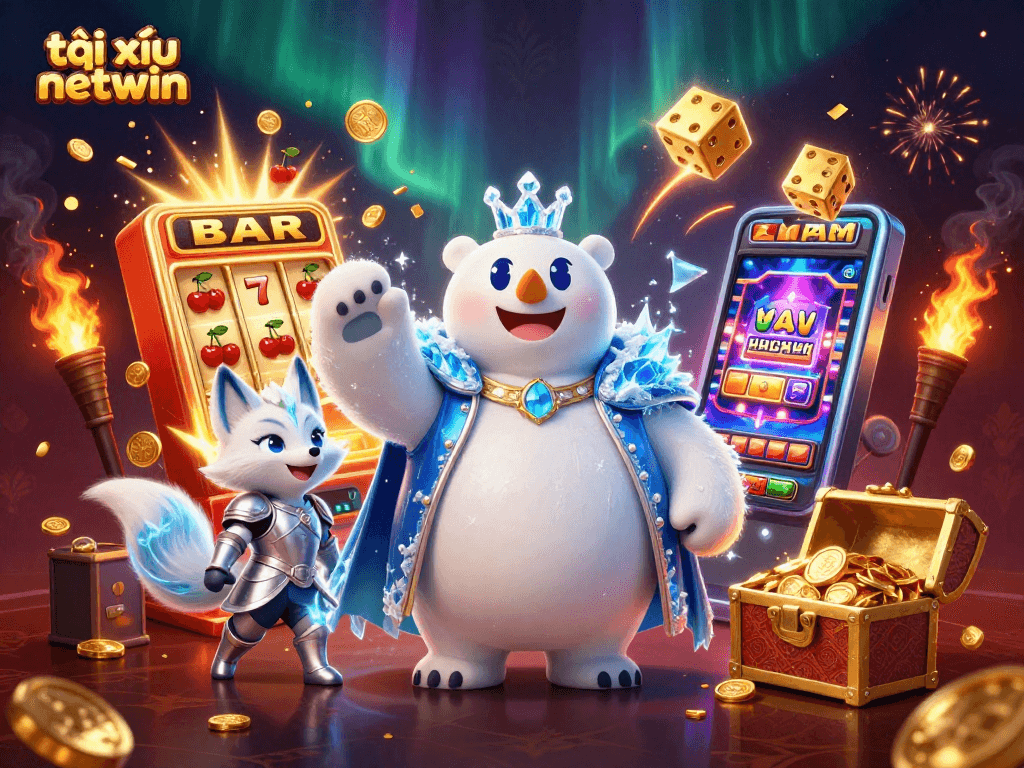 Experience the thrill of tài xỉu netwin with an exciting scene featuring a fun polar bear and fox amidst vibrant casino elements.