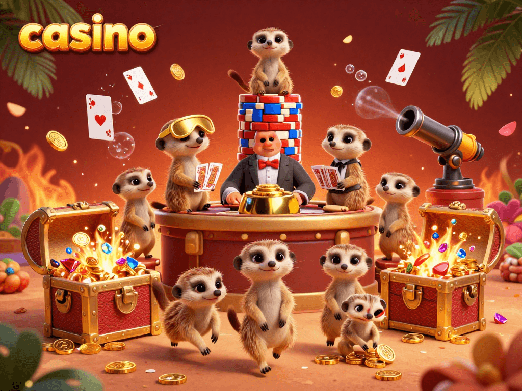 Meerkats run a lively casino operation featuring card games and vibrant treasures.