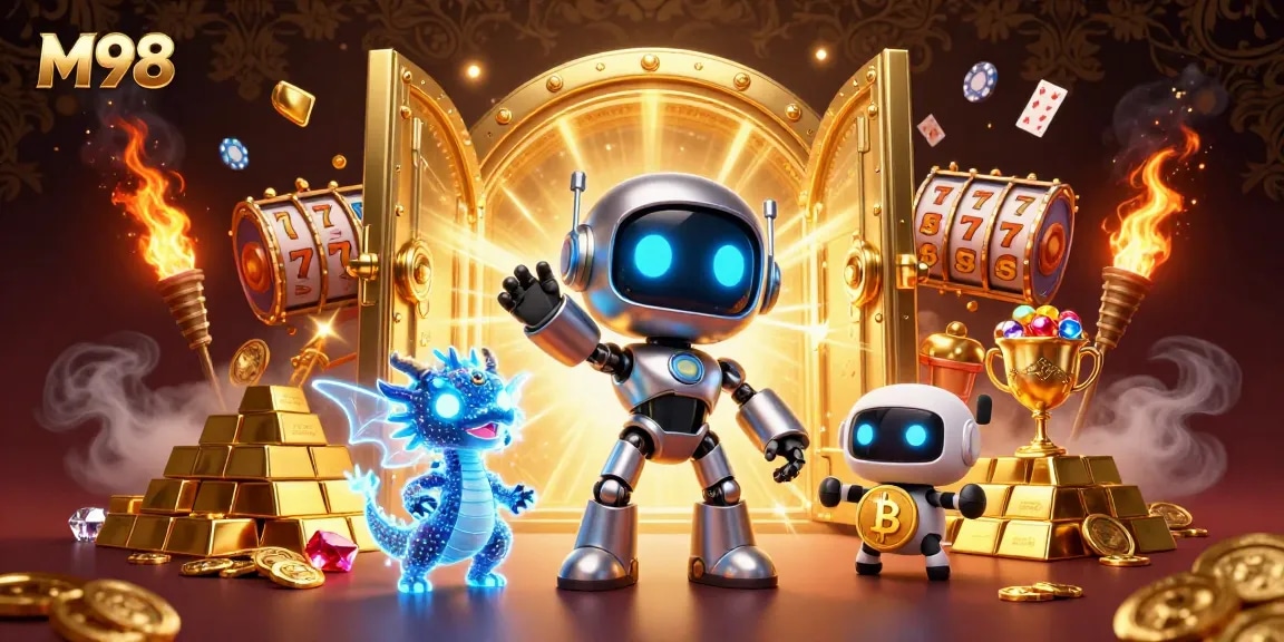 M98 showcases a dynamic scene with a cyberpunk robot, holographic dragon, and bitcoin drone amidst vibrant casino elements.