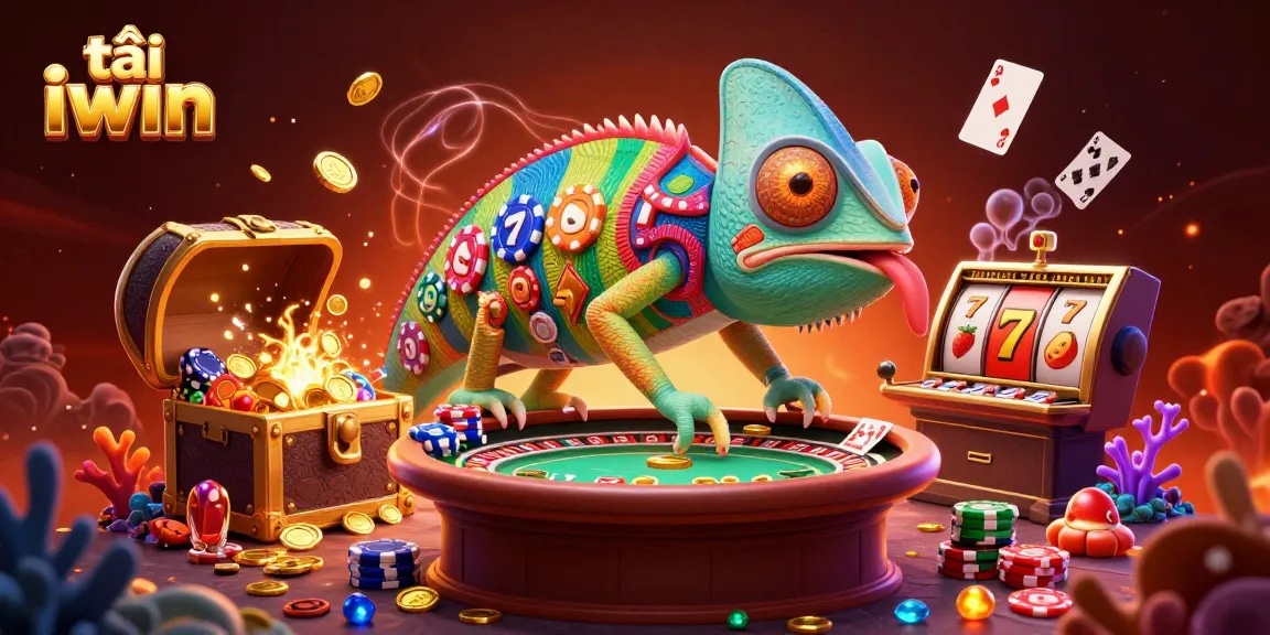 Engage in thrilling gameplay with tải iwin featuring a vibrant chameleon casino owner amidst festive elements.