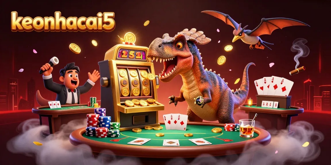 keonhacai5 celebrates winnings with a dinosaur-themed jackpot scene packed with casino action