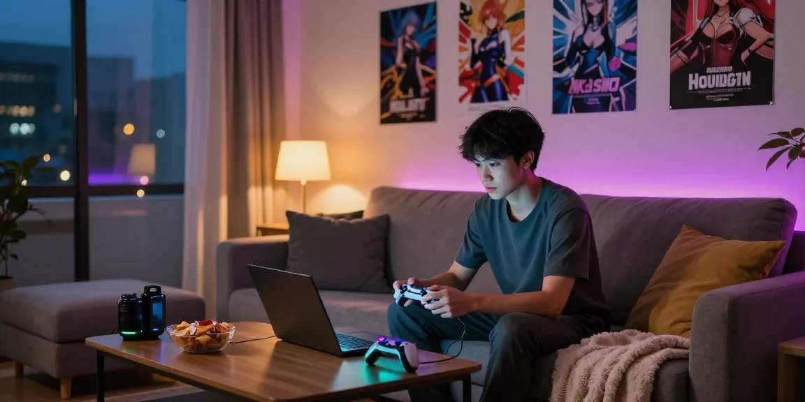 Engaging gaming scene featuring transformation hentai games in a cozy living room.