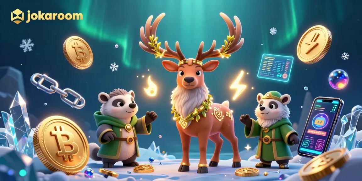 jokaroom presents a vibrant 3D casino scene with enchanting characters and exciting crypto elements.