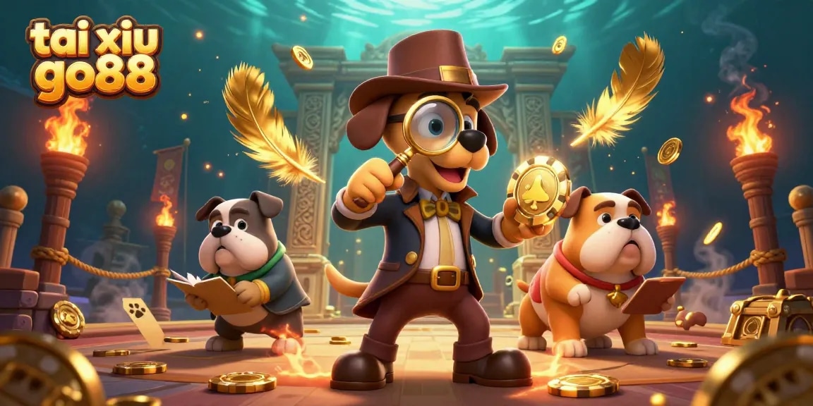 Tai xiu go88 gameplay illustration with a detective dog duo uncovering poker clues in an ancient arena