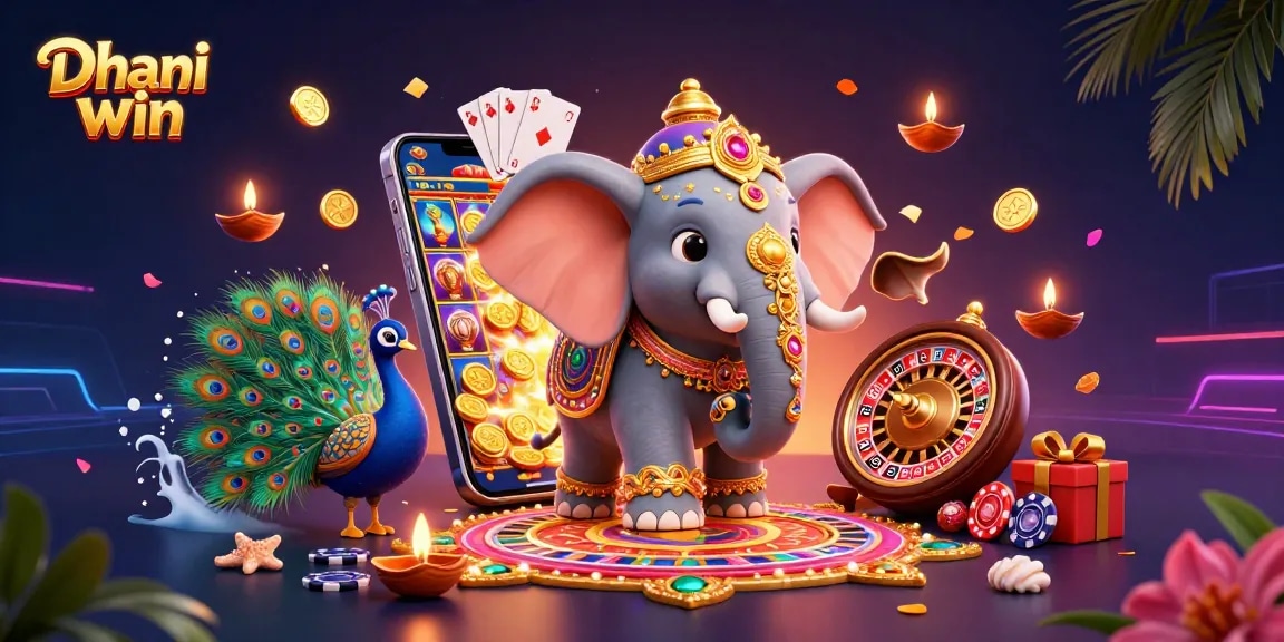 Spin to win with Dhani win's vibrant gambling scene featuring a colorful elephant and exciting games.