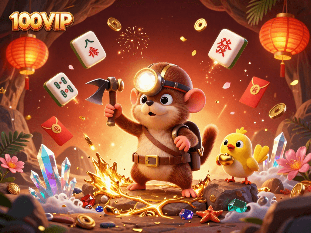 Engage in thrilling action at 100VIP with a cartoon treasure hunteruncovering gold and gems in a captivating casino cave.