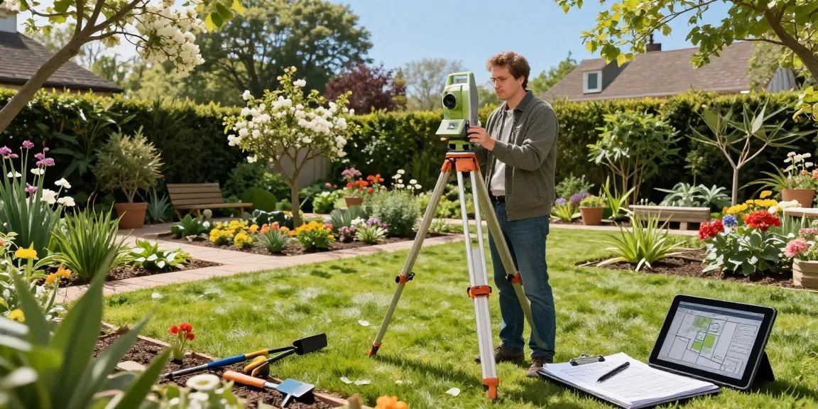Professional garden land survey in a vibrant residential garden, featuring lush plants and surveying equipment.