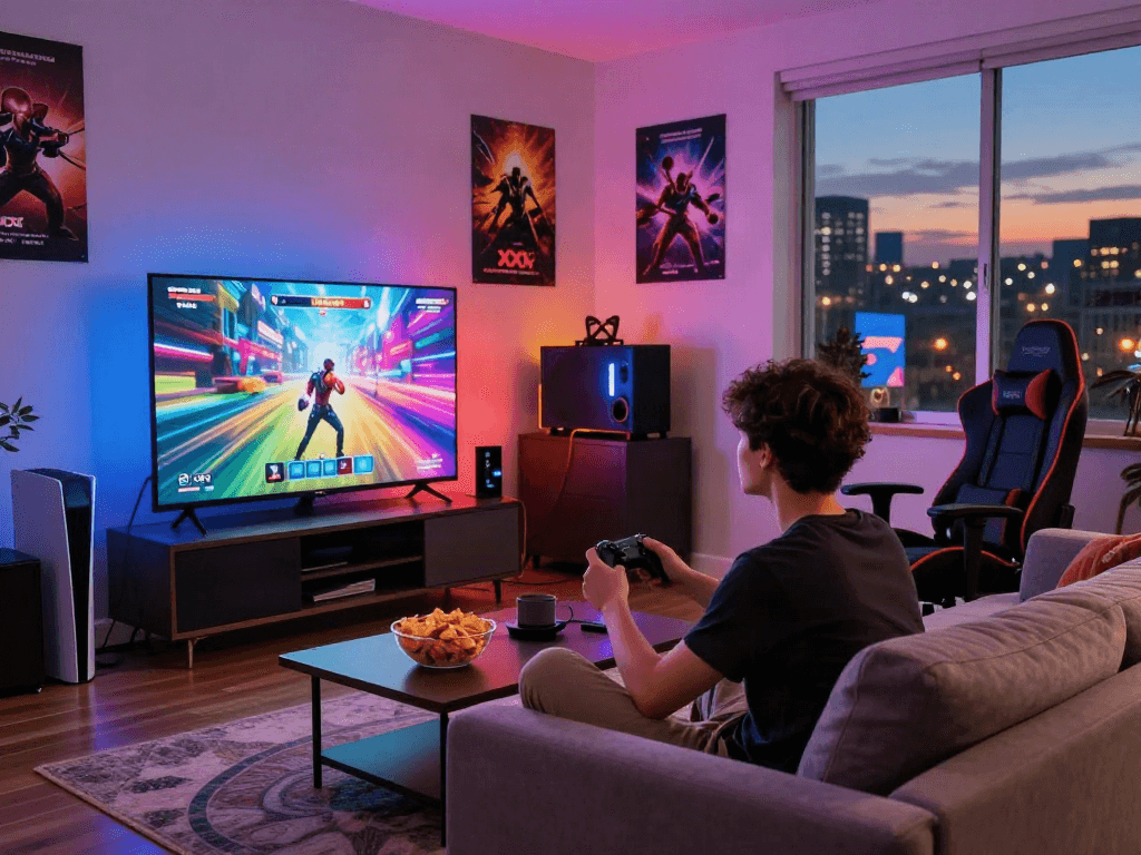 Excited gamer enjoying xxx games in a vibrant living room setup with snacks and LED lights.