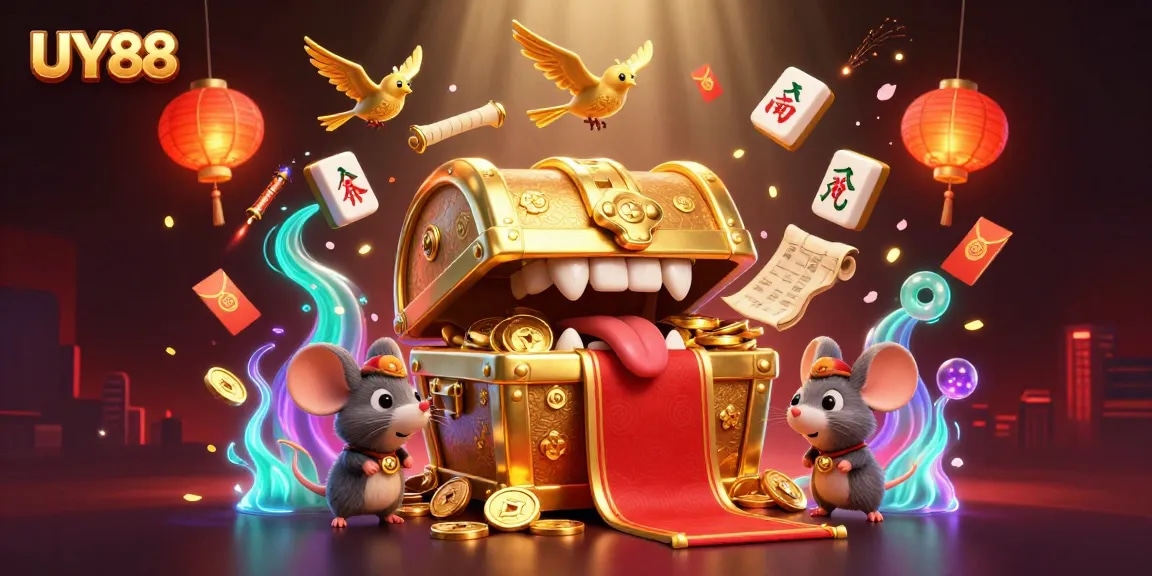 Experience the excitement of UY88 with a vibrant 3D casino illustration featuring a treasure chest and adventure elements.