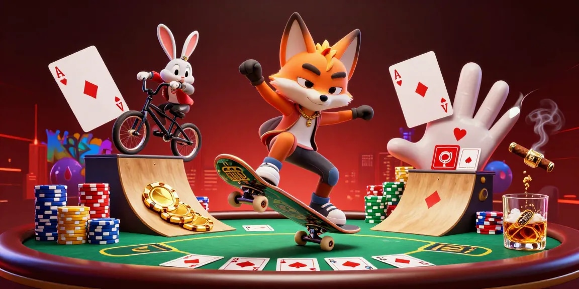 Bongdalu captures excitement with a skateboarding fox and BMX rabbit in a vibrant casino scene.
