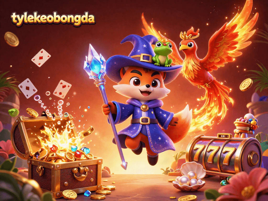 Experience thrilling gaming with tylekeobongda in vibrant 3D illustration featuring magical elements.