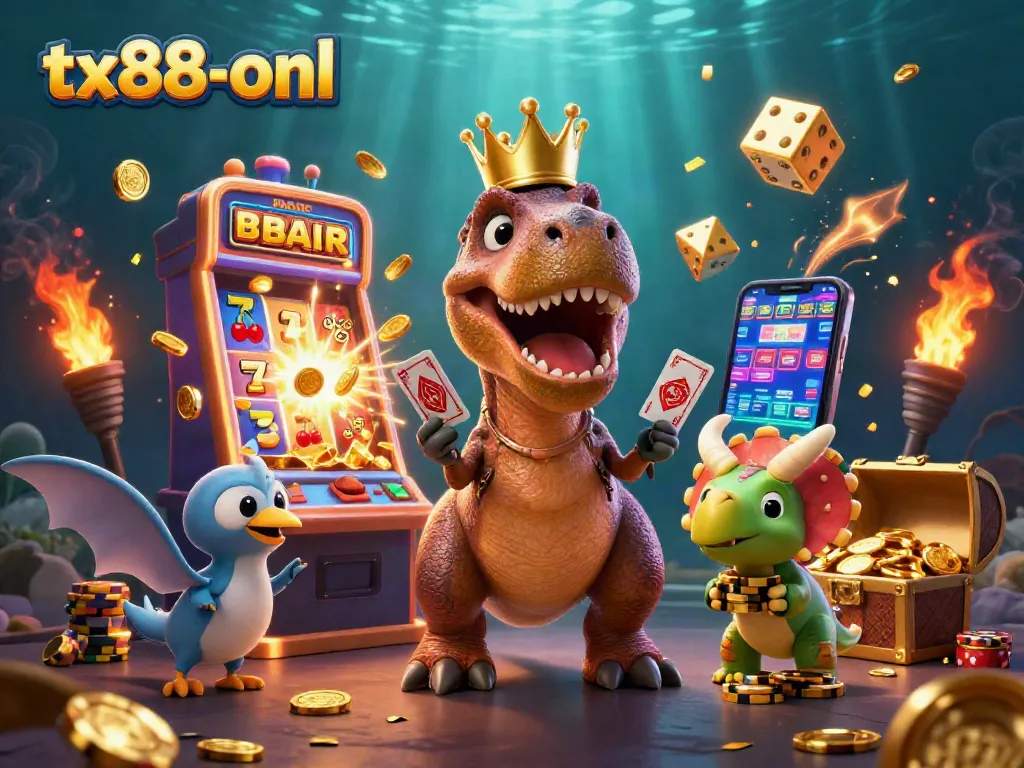 Experience the thrill of tx88-onl with a playful T-Rex shuffling cards and a jackpot explosion, showcasing vibrant casino elements.