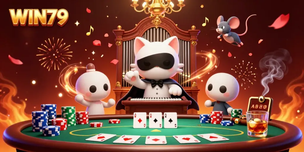 Experience the excitement of WIN79 with a captivating 3D casino scene featuring characters and poker elements.