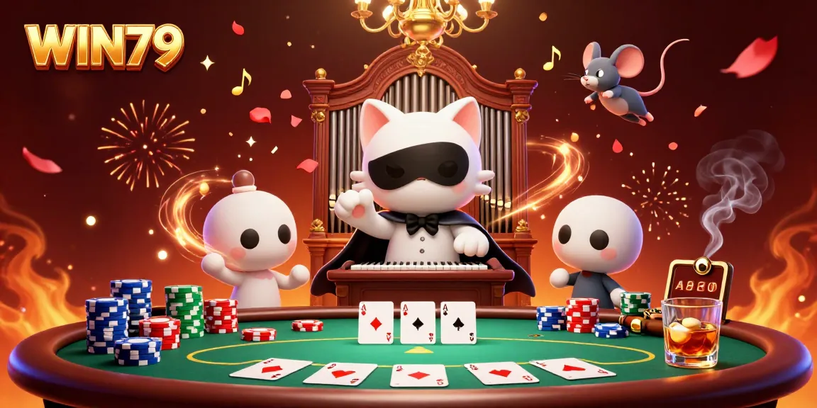 Experience the excitement of WIN79 with a captivating 3D casino scene featuring characters and poker elements.
