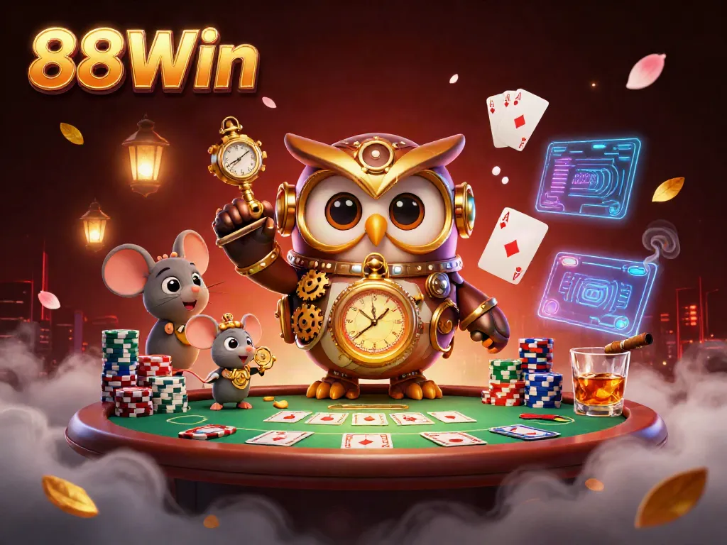 Engage in immersive gaming with 88Win as cartoon characters delve into a vibrant casino atmosphere.