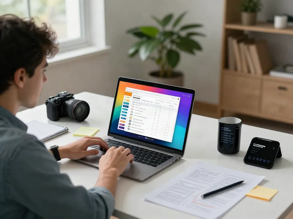Marketing specialist analyzing instant indexing strategies on a laptop in a modern workspace.