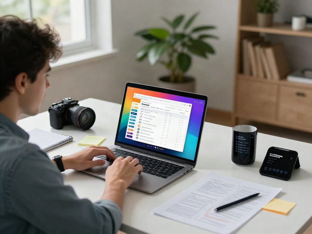 Marketing specialist analyzing instant indexing strategies on a laptop in a modern workspace.
