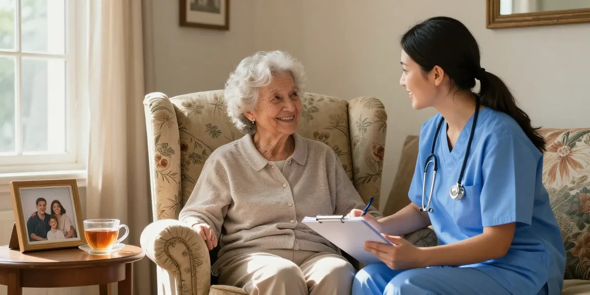 Professional caregiver providing helping hands home care in a cozy living room.