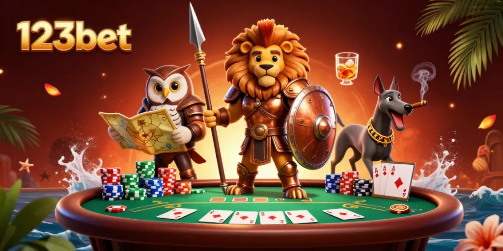 Experience thrilling gaming action with 123bet's Spartan lion, owl strategist, and greyhound in festive poker scene.