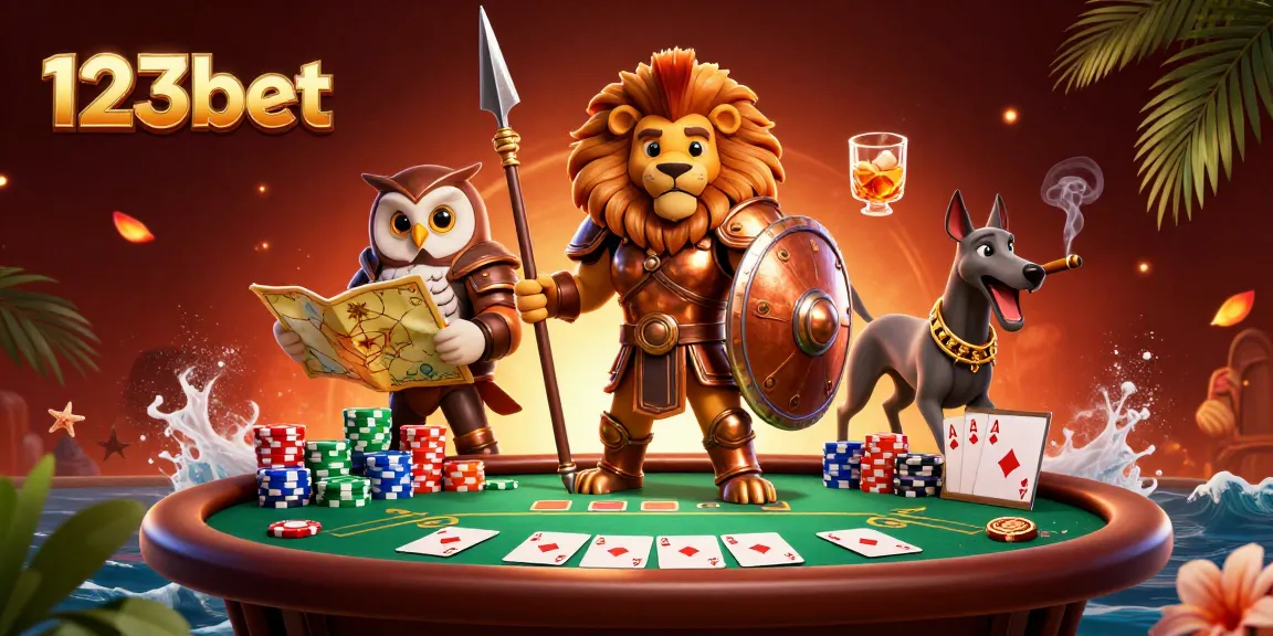 Experience thrilling gaming action with 123bet's Spartan lion, owl strategist, and greyhound in festive poker scene.