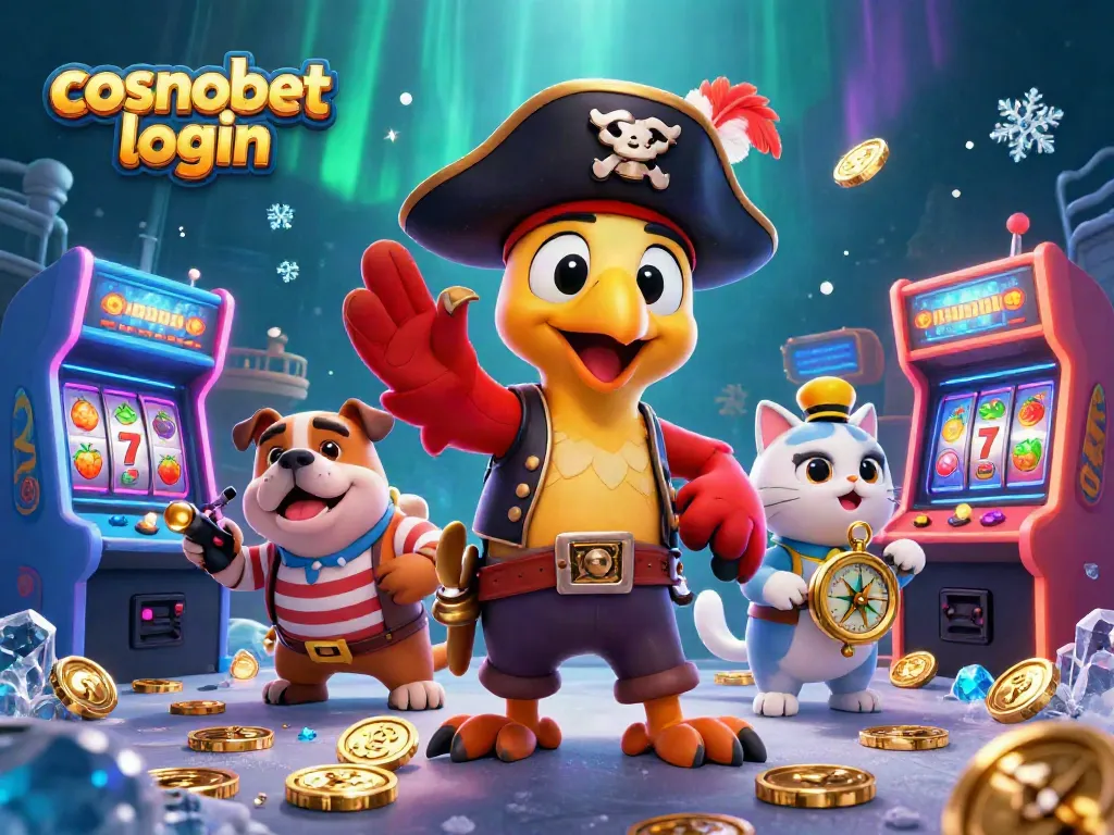 Access cosmobet login with vibrant casino-themed characters and slot games in a fantasy scene.