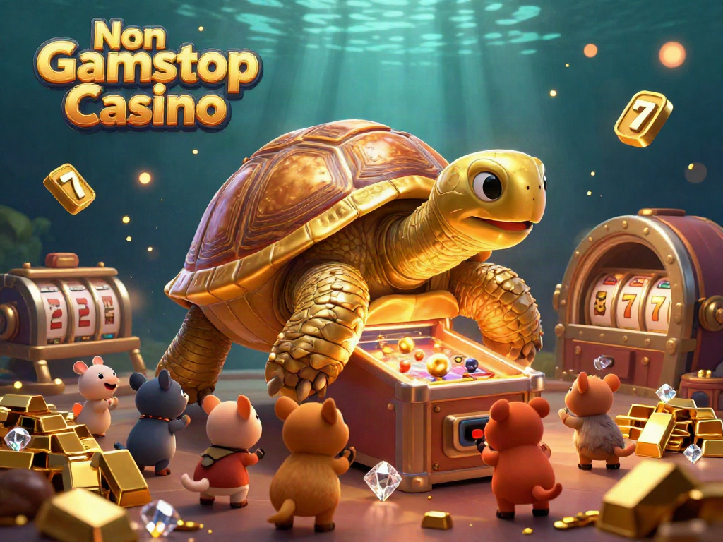 Experience the excitement of games at Non Gamstop Casino with vibrant scenes featuring golden treasures and playful characters.