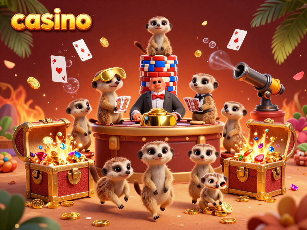 Meerkats run a lively casino operation featuring card games and vibrant treasures.