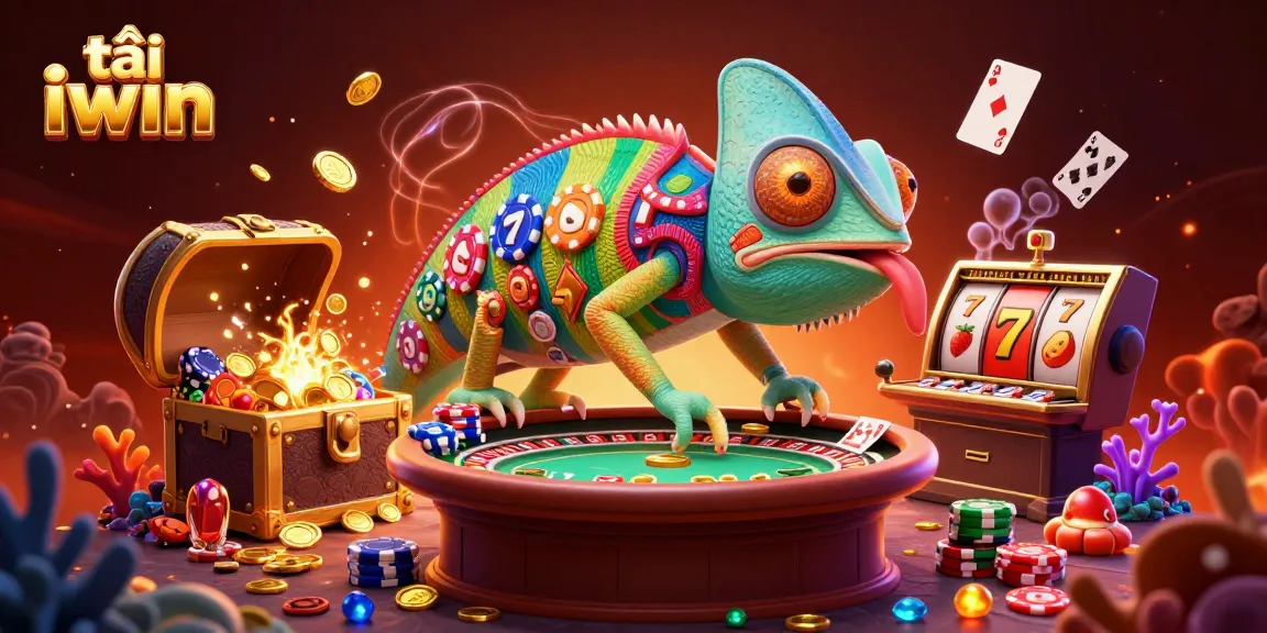Engage in thrilling gameplay with tải iwin featuring a vibrant chameleon casino owner amidst festive elements.