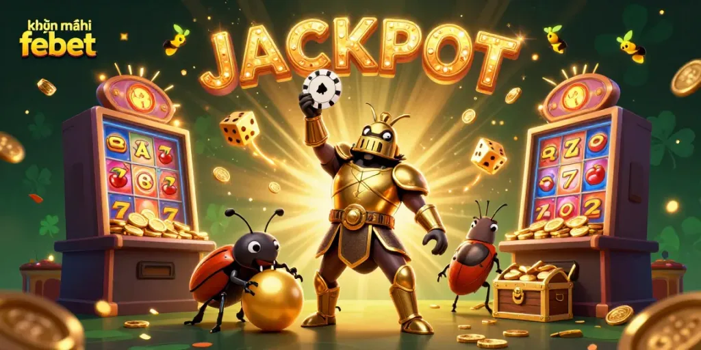 Experience the excitement of khuyến mãi febet with dynamic characters celebrating a jackpot amidst a vibrant casino scene.
