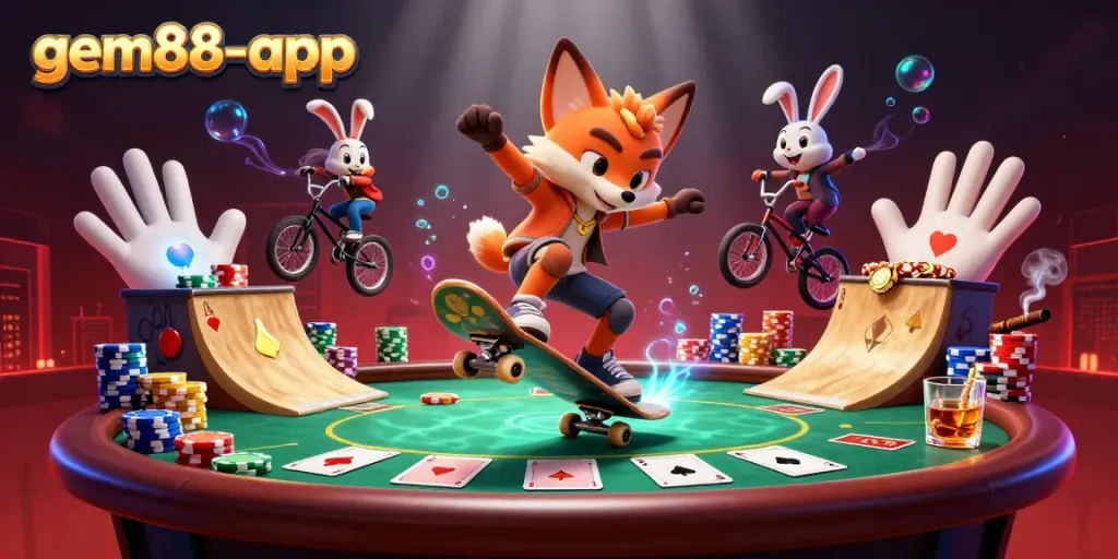 Experience the excitement of gem88-app with a vibrant casino scene featuring dynamic characters and gaming elements.