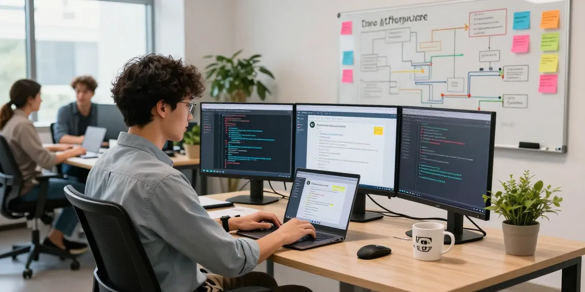 AI chatbot development scene featuring a software engineer coding in a vibrant tech office.