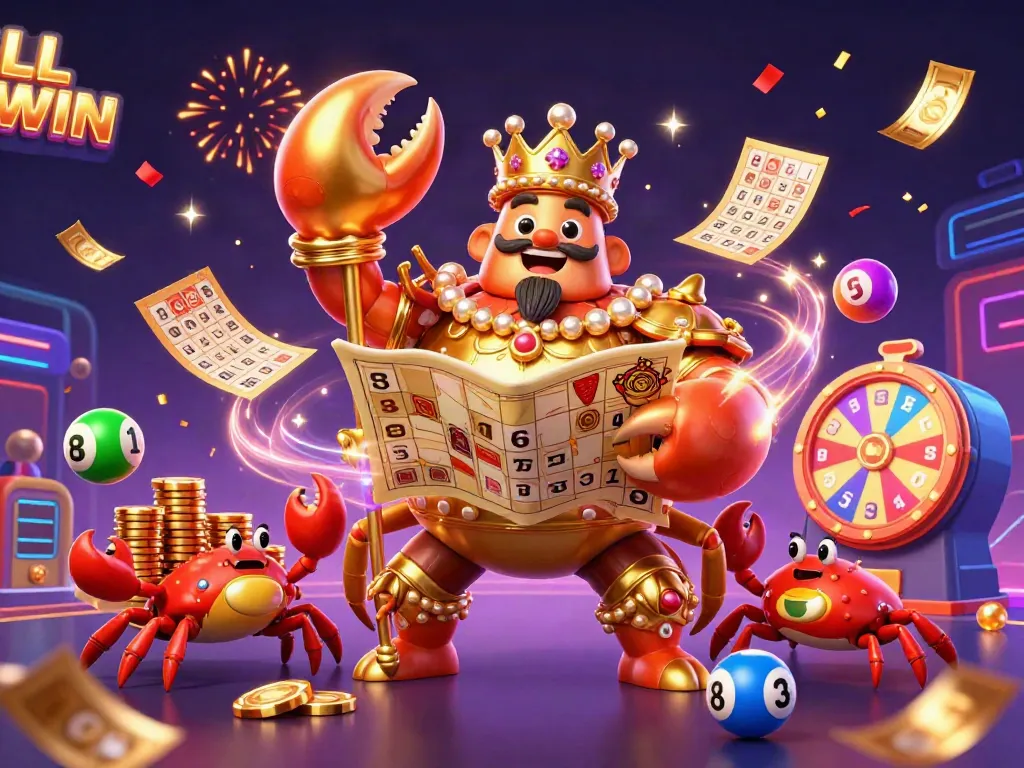 Experience thrilling gaming fun with LL WIN's golden crab emperor illustration and vibrant lottery elements.