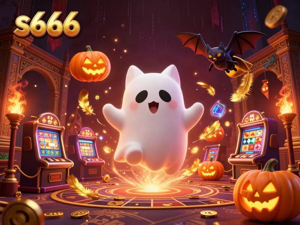 Experience thrilling gameplay with s666 in a vibrant casino scene featuring a ghost cat and bat companions.