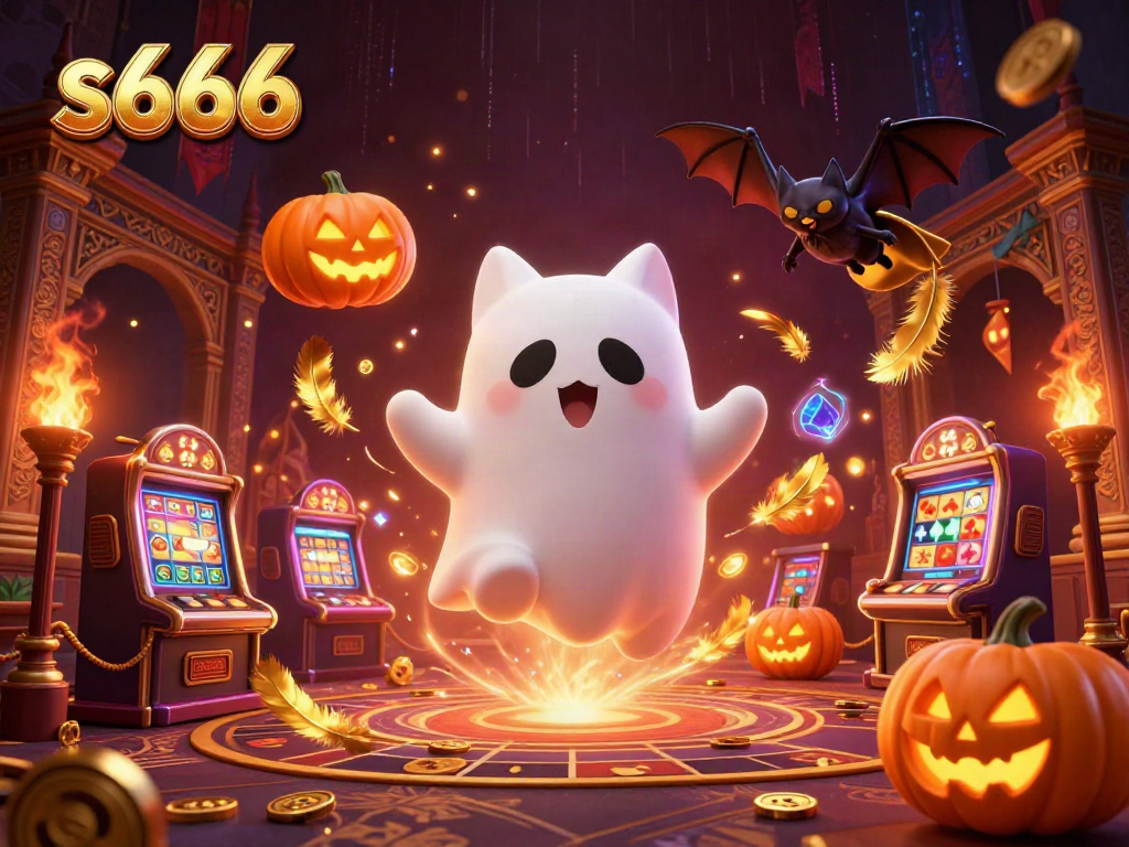 Experience thrilling gameplay with s666 in a vibrant casino scene featuring a ghost cat and bat companions.