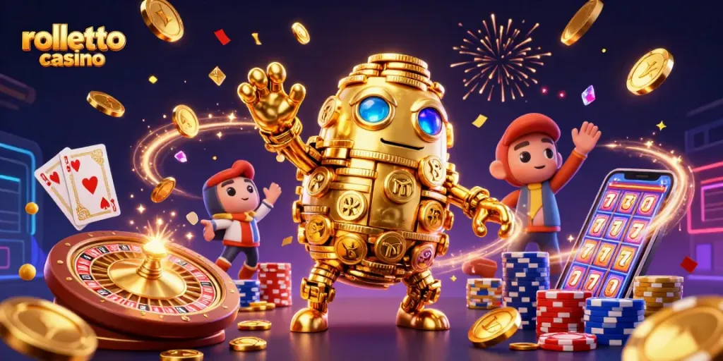 Experience the excitement at rolletto casino with a vibrant scene of gaming elements and a golden golem.