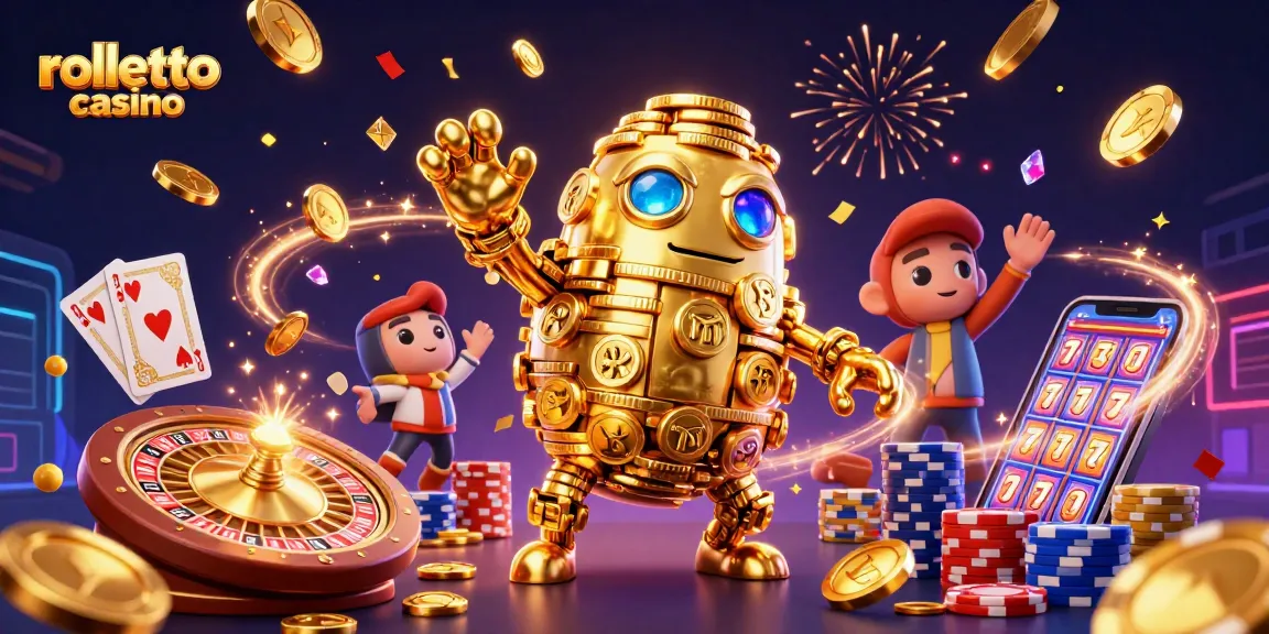Experience the excitement at rolletto casino with a vibrant scene of gaming elements and a golden golem.
